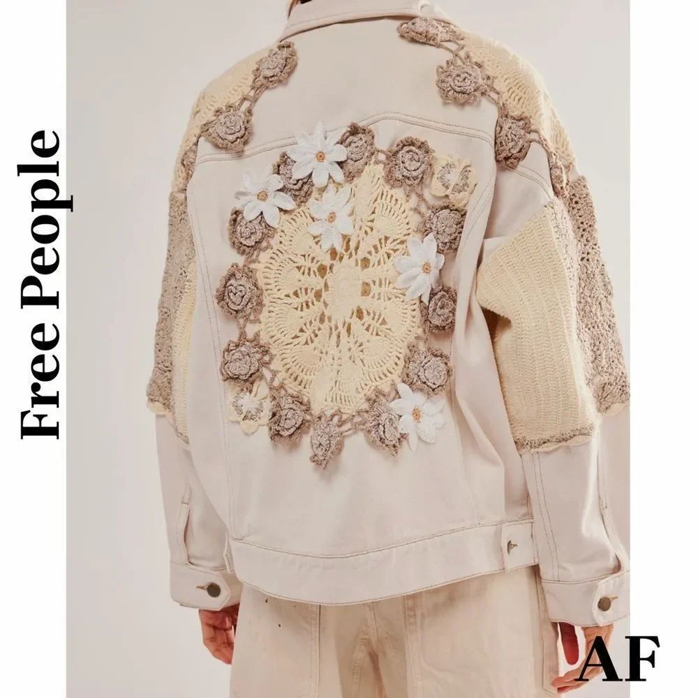 Free People Bali Rare Dainty Dolly Hearts Crochet Women's Denim Jacket Large NWT - Picture 3 of 7